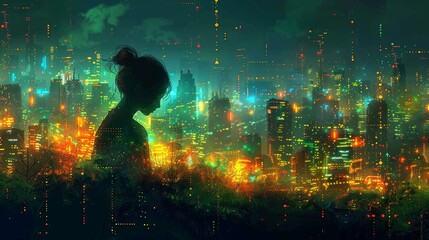 Silhouette of a woman against a vibrant, futuristic cityscape at night.