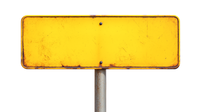 old blank yellow rustic metal road sign guide board, weathered signboard, cutout png