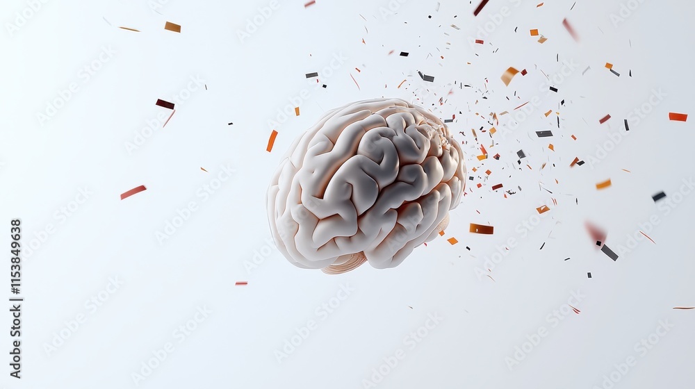 Aufkleber a brain appears to be disintegrating into small particles against a light background, symbolizing th