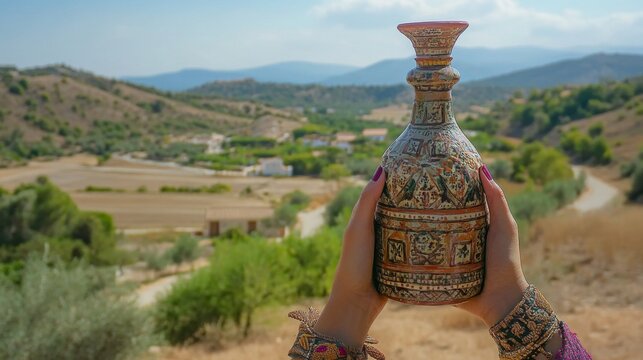 Hands holding a colorful ceramic souvenir against a scenic backdrop symbolizing global exploration cultural discovery captured in a single artifact celebrating travel