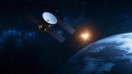 High-Resolution Image of a Space Satellite Orbiting Earth Against a Stunning Cosmic Background Featuring Stars and a Glowing Celestial Body