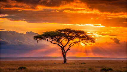 Fototapeta premium lone acacia tree silhouetted against fiery orange sunset, creating stunning contrast with vibrant sky. scene evokes sense of tranquility and beauty in nature