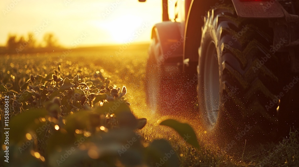 Poster a tractor working in a field during sunset, creating dust and highlighting crops.