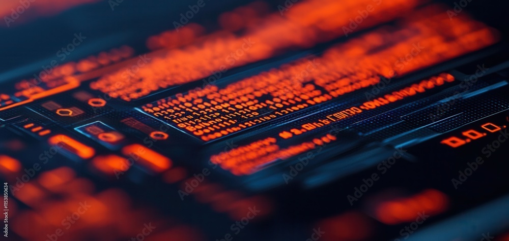 Poster A close-up view of a digital interface displaying glowing red code and data, emphasizing technology and programming.