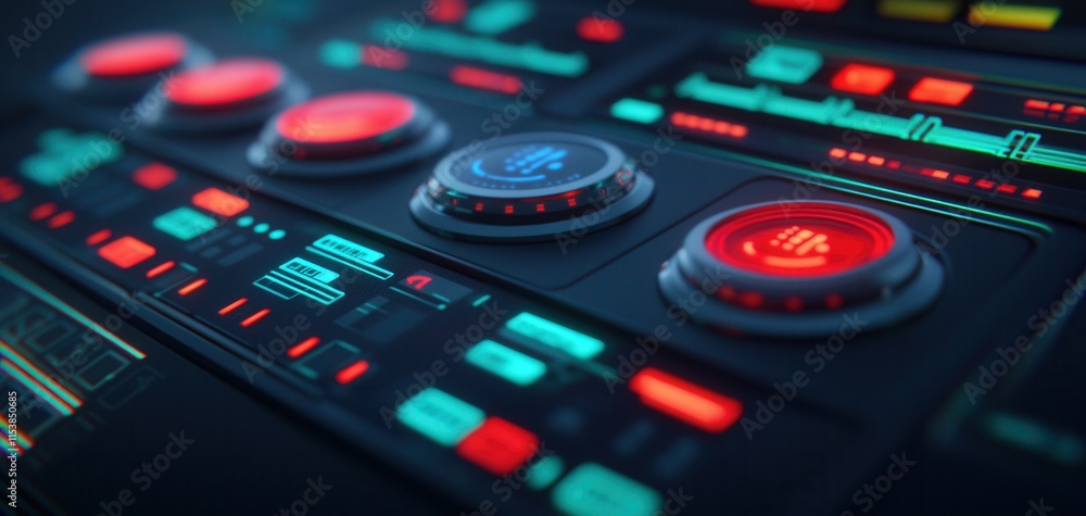 Poster A futuristic control panel featuring illuminated buttons and dynamic displays in vibrant colors, suggesting advanced technology and interactivity.