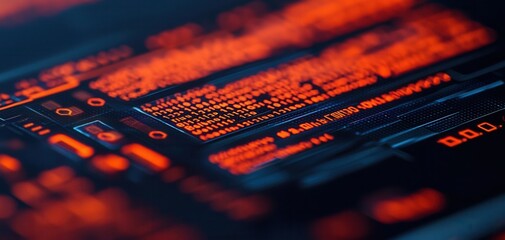 A close-up view of a digital interface displaying glowing red code and data, emphasizing technology and programming.