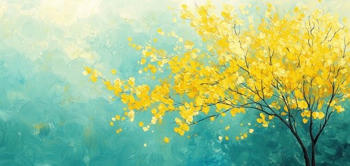 A vibrant tree with yellow blossoms against a serene blue-green background, evoking feelings of spring and tranquility.
