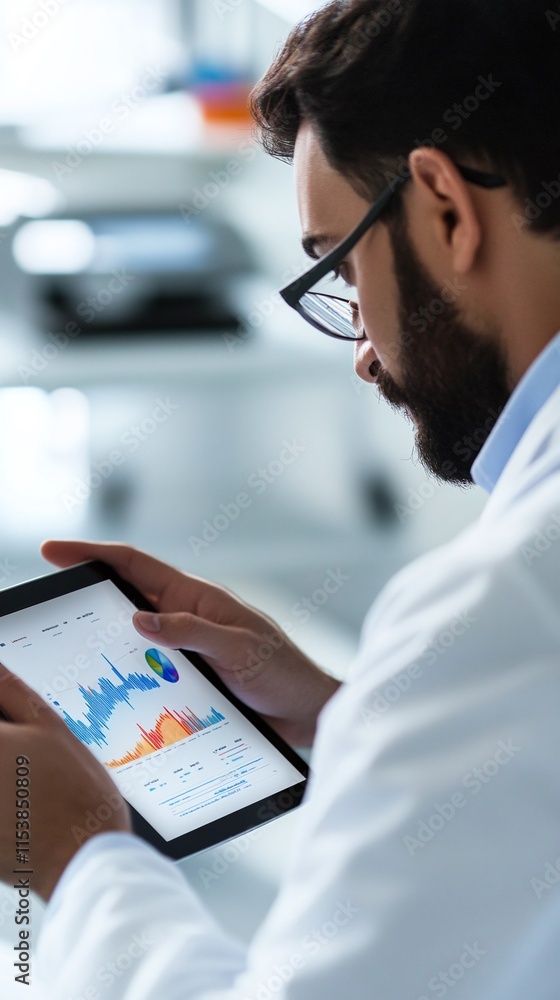 Poster market researcher displaying colorful financial graphs on a tablet during a presentation in a high-t