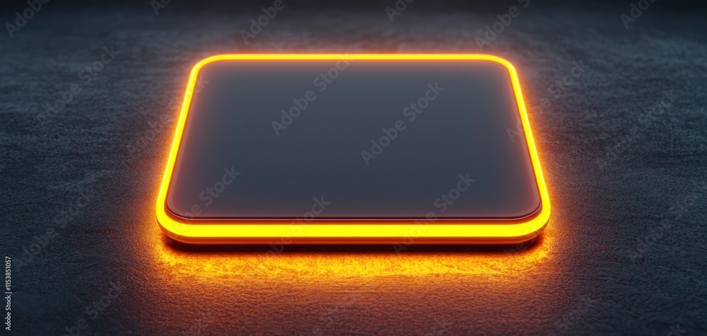 Poster a glowing, square platform with an orange outline sits on a dark, textured surface, creating a moder