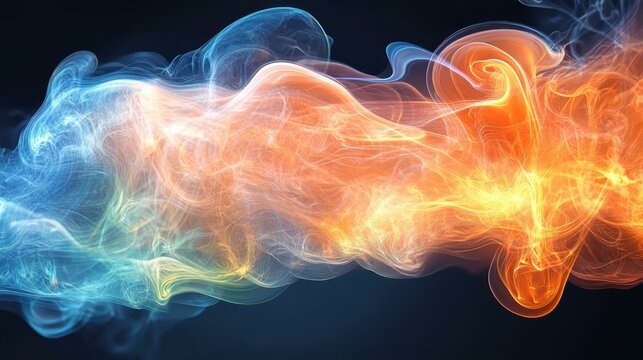 Abstract blue and orange fire smoke blending together, dynamic energy flow, perfect for technology, science, or creative background, vibrant colors, dark backdrop, futuristic atmosphere, high contras