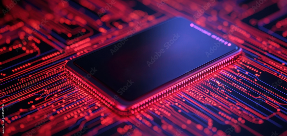 Leinwandbilder a sleek smartphone rests on a vibrant red circuit board, symbolizing the fusion of technology and in