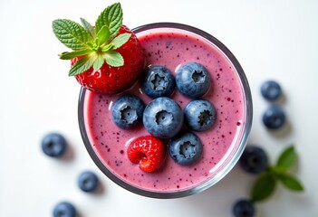 Berry smoothie with fresh toppings in a clear glass on white background
