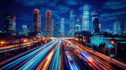Fototapeta premium Modern cityscape at night with illuminated skyscrapers and vibrant light trails from fast-moving traffic under a deep blue sky Generative AI