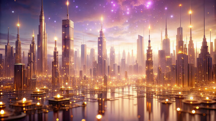 Fototapeta premium futuristic cityscape with towering skyscrapers illuminated by soft, ethereal glow. skyline is bathed in lavender hue, creating magical atmosphere filled with sparkling lights
