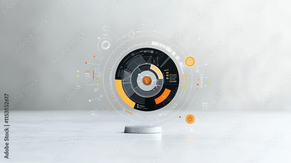 Aufkleber a futuristic circular interface display featuring a black and orange design on a minimalist backgrou