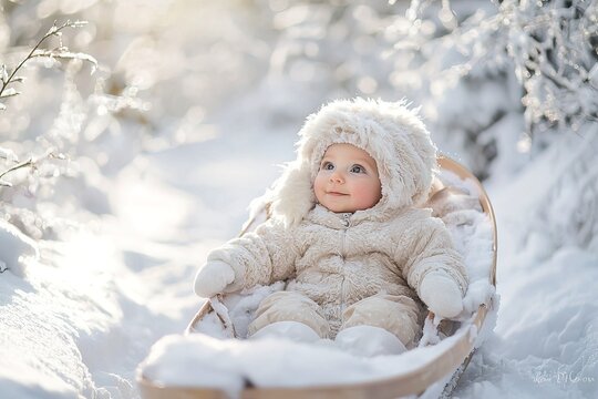 close-up cute baby dressed white fluffy winter snowsuit, sitting on a sled surrounded by fresh snow with soft winter sunlight filtering through snow-covered trees