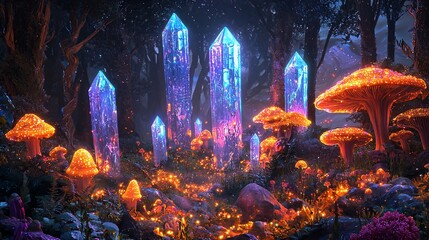 Fototapeta premium Glowing crystals and luminous mushrooms in a mystical forest.