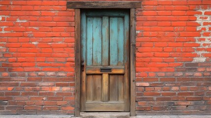 Weathered wooden door on vibrant red brick wall