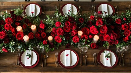 Romantic red rose centerpiece on rustic wooden table.