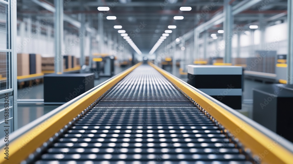 Poster a clean and organized factory floor showcasing automated conveyor belts and robotic systems in actio