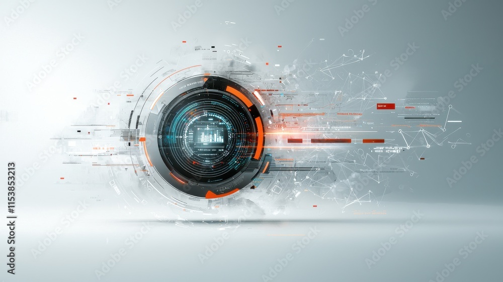 Aufkleber a futuristic, abstract digital design featuring a circular element with glowing details and dynamic 