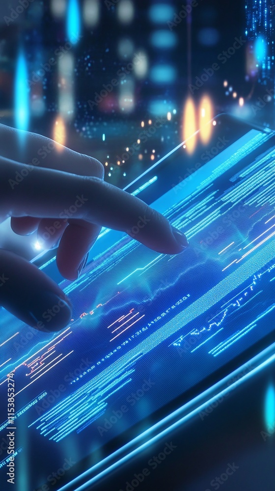 Poster professional analyzing currency exchange rates on a futuristic tablet with animated data overlays