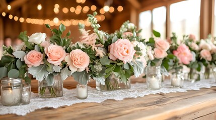 Peach roses in mason jars centerpiece.