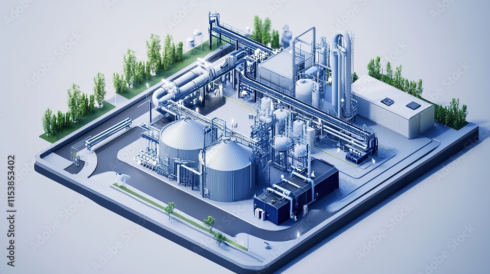 Poster isometric a conceptual design of a futuristic sustainable factory integrating advanced recycling sys