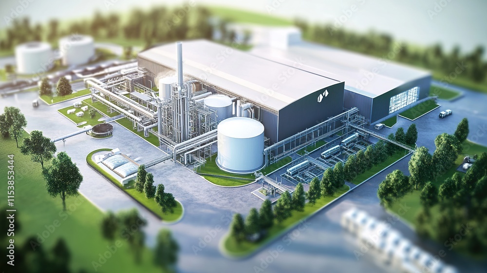 Poster isometric a conceptual design of a futuristic sustainable factory integrating advanced recycling sys