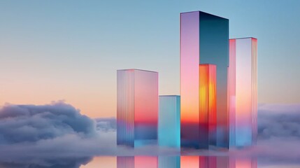 Colorful glass skyscrapers above clouds at sunset.