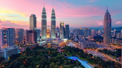 Stunning sunset cityscape view of skyscrapers, city lights, and park.
