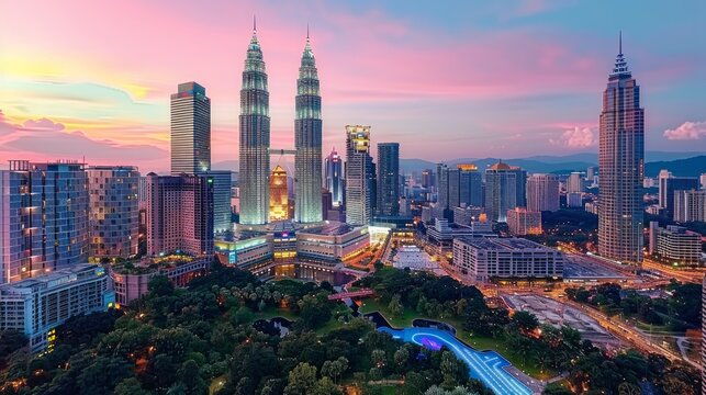 Stunning sunset cityscape view of skyscrapers, city lights, and park.