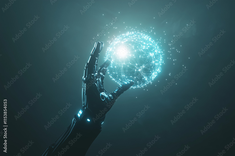 Aufkleber a humanoid robot hand reaching out to touch a glowing 3d globe made of data points, representing glo
