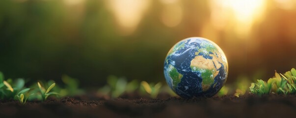 Vibrant Earth Globe on Soil Surrounded by Young Plants at Sunset