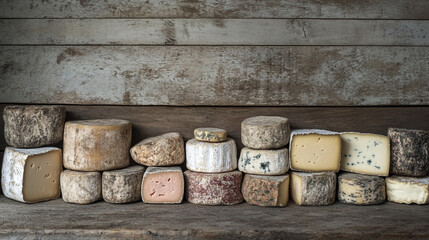 Fototapeta premium Assortment of artisanal cheeses displayed on a rustic wooden shelf in a quaint cheese shop