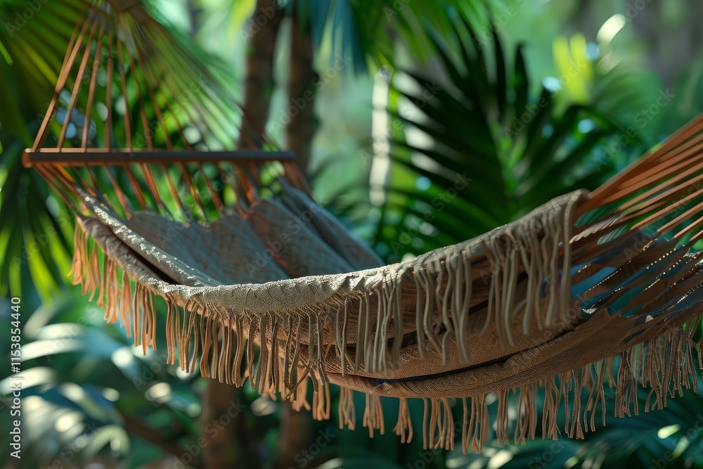 Poster empty hammock invitingly swaying between palm trees in a lush, tropical jungle setting, offering a t