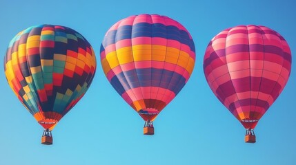 Obraz premium Colorful hot air balloons with patterns floating in clear blue sky, ideal for travel adventure, summer vacation, festival celebrations, outdoor activities, bright festive background, uplifting mood,