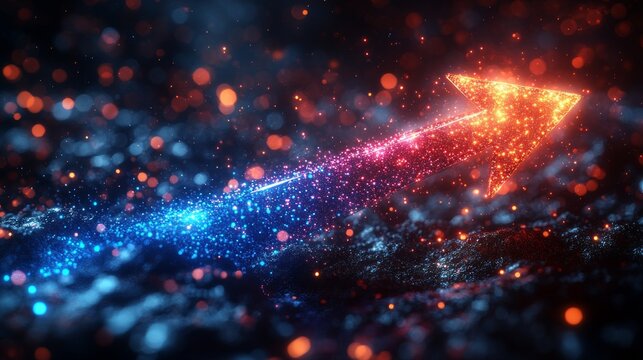 Glowing abstract arrow in motion with colorful sparkling lights