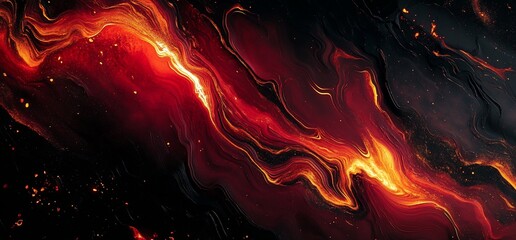 A vibrant abstract image featuring swirling red and black patterns resembling molten lava.