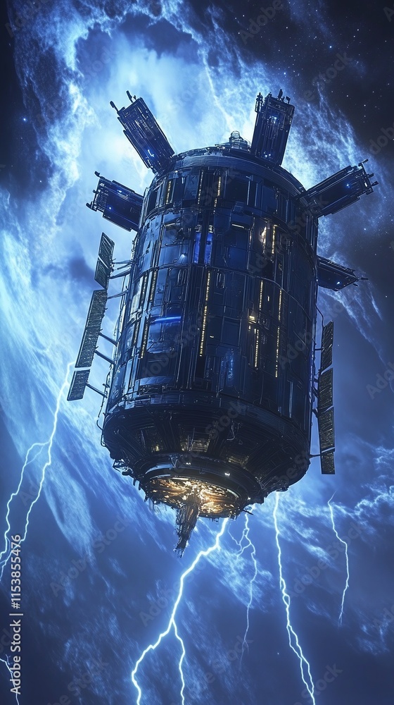 Poster sci-fi concept of a spaceship deploying shields to survive a powerful magnetic storm