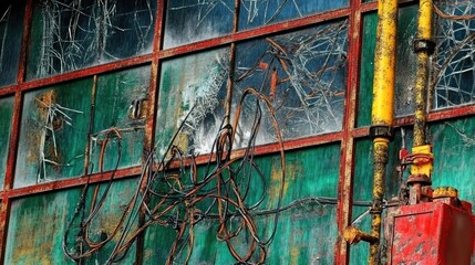 A close-up of a weathered industrial wall with tangled wires and rusted elements.