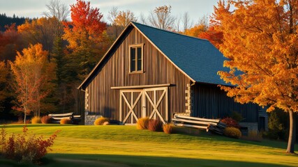 Fototapeta premium Bragg Barn Foliage Waitsfield VT - Autumnal Beauty