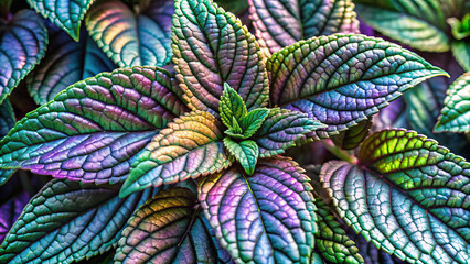 Vibrant iridescent leaves showcase distinctive palette of colors, creating stunning visual display. intricate textures and patterns add depth to this botanical beauty