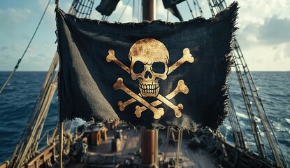  Pirate flag with skull and crossbones on a ship, close-up