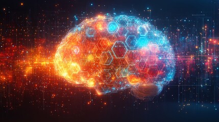 Obraz premium Futuristic digital brain with neon hexagonal patterns and glowing neural network on starry background