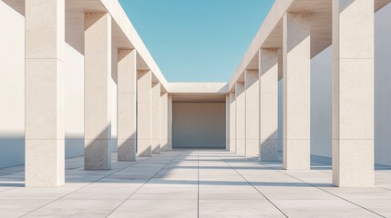Obraz premium Modern Architectural Hallway with Minimalist Design and Soft Shadows, Featuring Light-Colored Columns and a Clear Blue Sky in an Open Space Concept