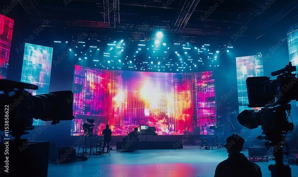 Poster a vibrant stage setup with lighting and screens for a performance or event.