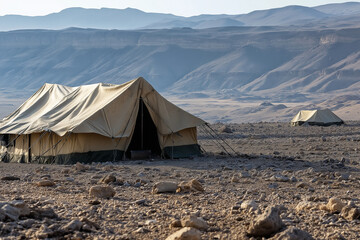 Desert tents in barren landscape at sunset.