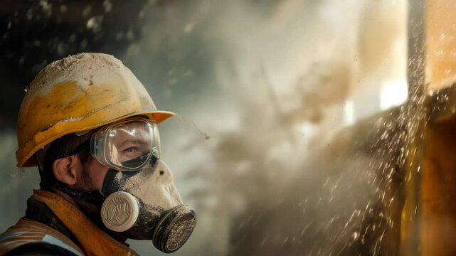 Professional construction worker wearing a high quality dust mask surrounded by many floating glass wool particles on a construction site, empty space at the side	
