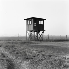 Wooden Holocaust watchtower in black and white.